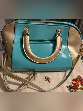 Teal Patent Crossbody Bag with Gold Accents